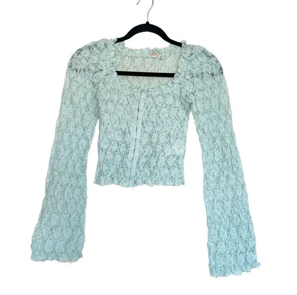 Free People NEW FP One Madison Top Smocked Lace Sheer Hook-Front Bell Sleeve - Image 6