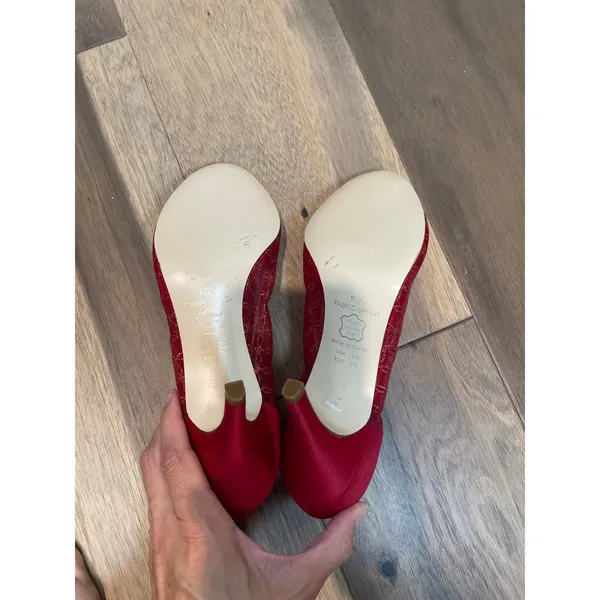 Michael Peep Toe Heels Red Mesh & Sequin Detail Size 8 Leather Sole 3 Inch Heel - Image 6