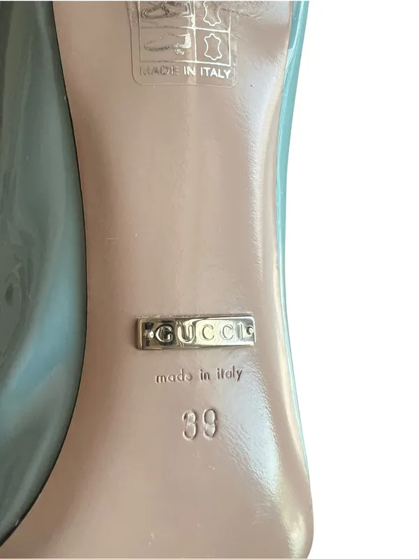 Gucci Women’s Silver Horsebit Light Blue Patent Leather Peep Toe Heels Size 39 - Image 8