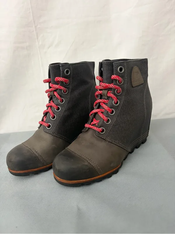 Sorel Gray Canvas Leather Wedge Ankle Boots Women’s Size 9 Excellent(B227) - Image 3