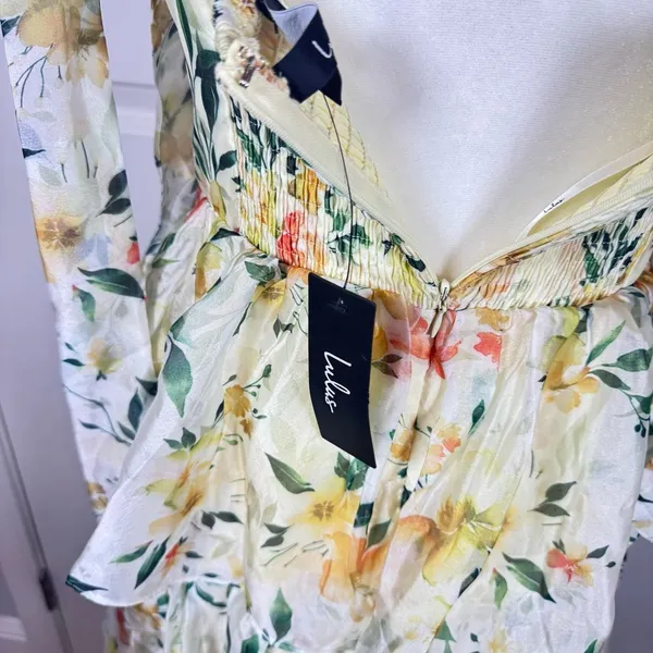 Lulus Yellow Floral Tiered Maxi Dress M Cottagecore Wedding Guest Chiffon NWT - Image 6