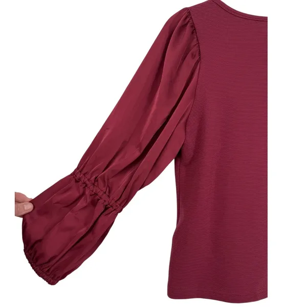 Anthropologie Maeve Ribbed Tiered Sleeve Mixed Media Top‎ Burgundy Size Small - Image 9