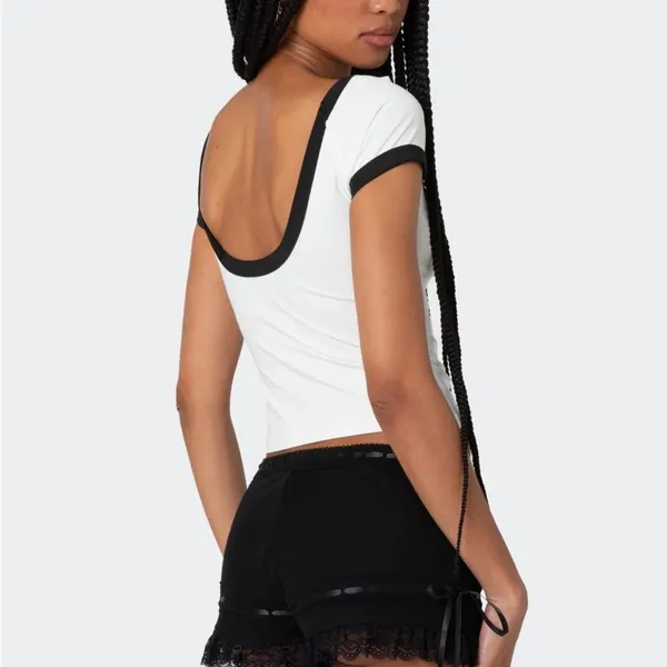 Women's White Crop Top with Black Trim - Modern Contrast Tee - Image 2