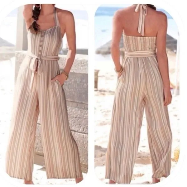 American Eagle Boho Striped Gauze Wide Leg Smocked Jumpsuit‎ Beige Large - Image 6