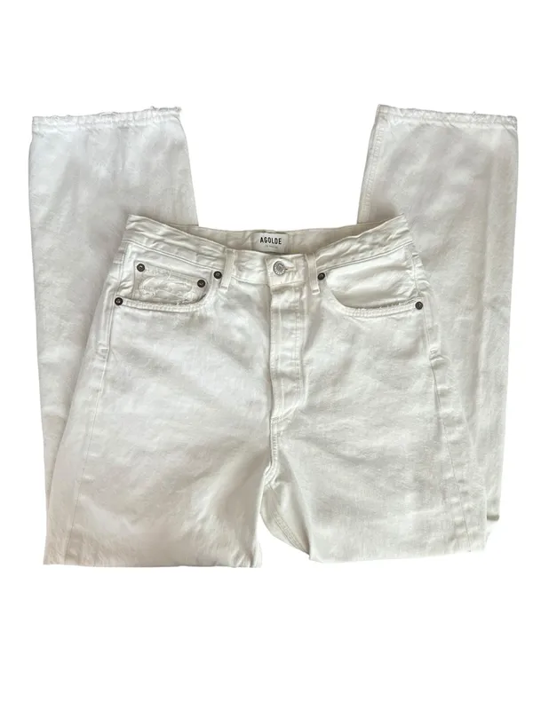 AGOLDE Women’s 90’s Straight Leg White Enamel Denim Distressed Button Fly Jeans - Image 3