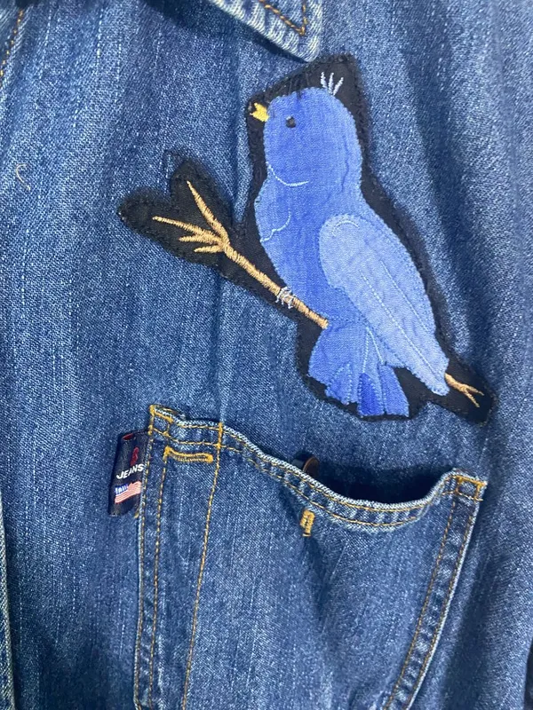 Vintage BillBlass Jeans Denim Button Up Shirt XL Bluebird Applique Long Sleeve - Image 6