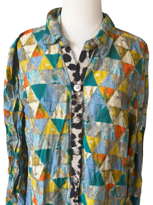 John Mark Tunic Blouse Bird Jungle Print Collared Long Sleeve Button Down Tunic - Image 2