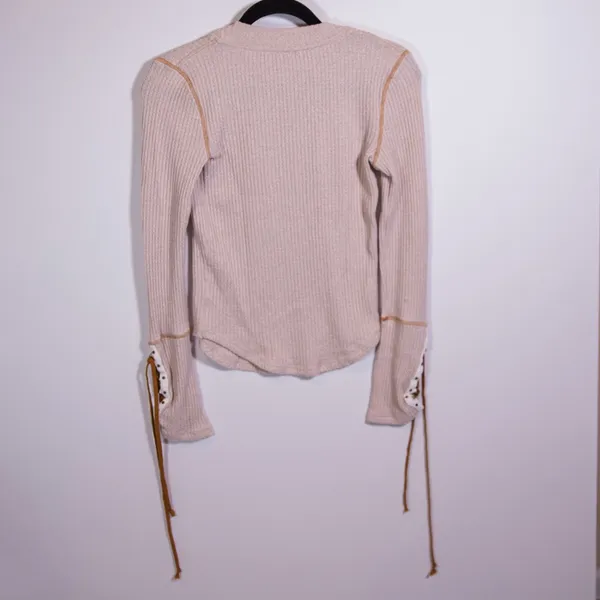 Free People Moutaineer Waffle Knit Lace Up Long Sleeve Crew Neck Tee Shirt Beige - Image 4