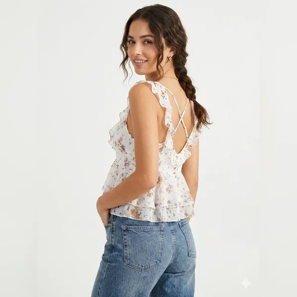 Abercrombie Fitch Floral Peplum Top‎ Womens Small Ruffle Strappy Babydoll Y2K - Image 2