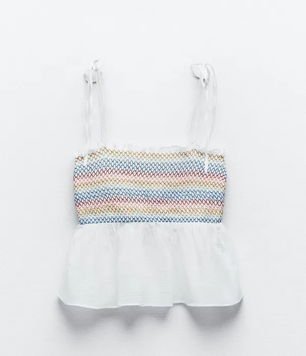 ZARA NWT  Strappy Elasticized Smocked Top Rainbow Ecru. Size Medium - Image 7
