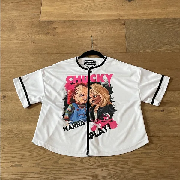 Universal Studios Chucky and Tiffany “Wanna Play?” Crop Baseball Jersey Medium - Image 7
