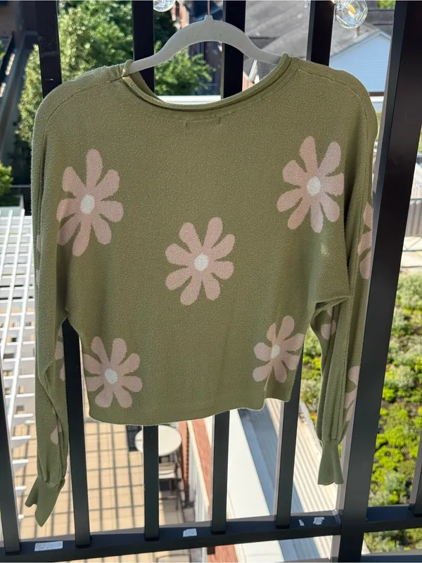 Olive Green Floral Crewneck Sweater Size M - Image 2