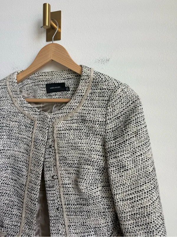 Karen Millen Women's Cropped Tweed Blazer Jacket Black Tan Size 4 - Image 5
