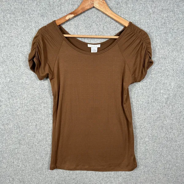Tweeds Womens‎ Top Small T-Shirt Brown Stretch Short Sleeve NWT Ruched Basic Y2K - Image 4