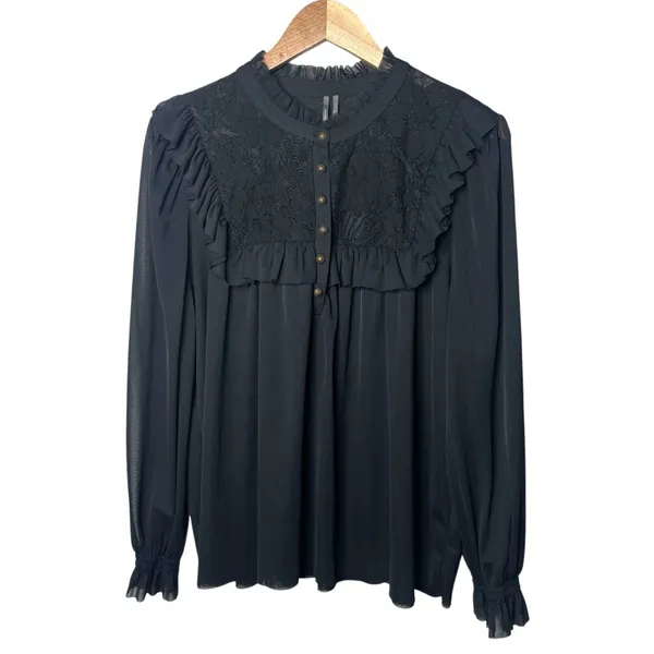 Anthropologie Black Victorian Lace Ruffle Trim Peasant Blouse Size XL Whimsigoth - Image 2