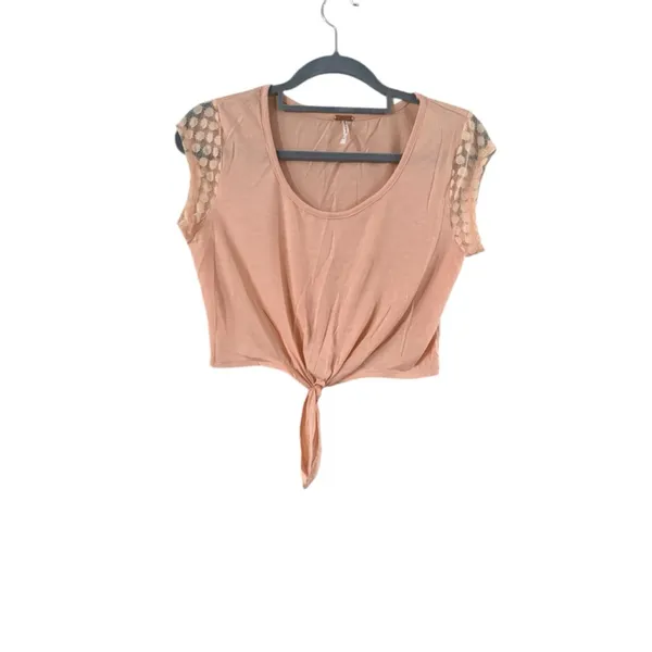 Women's Free People Peach Lace Sleeve Tie-Front Crop Top S - Image 9