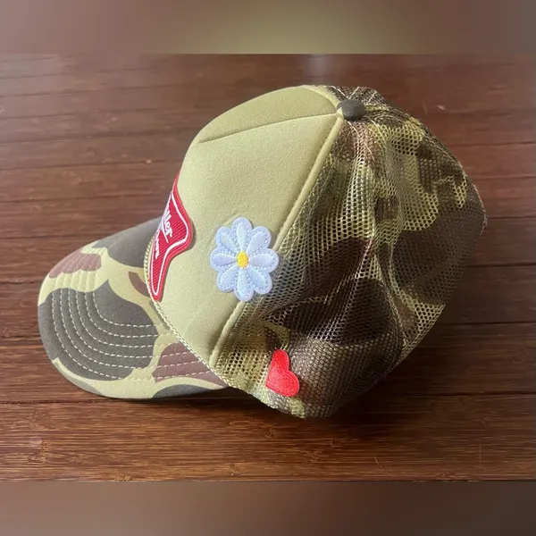 camouflage-patterned Miller High Life trucker hat featuring embroidered patches. - Image 4