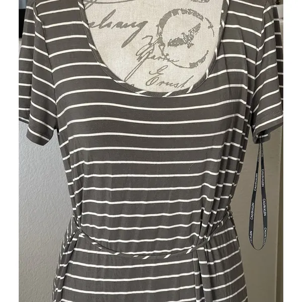 Calvin Klein Dress Sz 12 Striped Short Sleeve Green Olive Knee Length Minimalist - Image 8