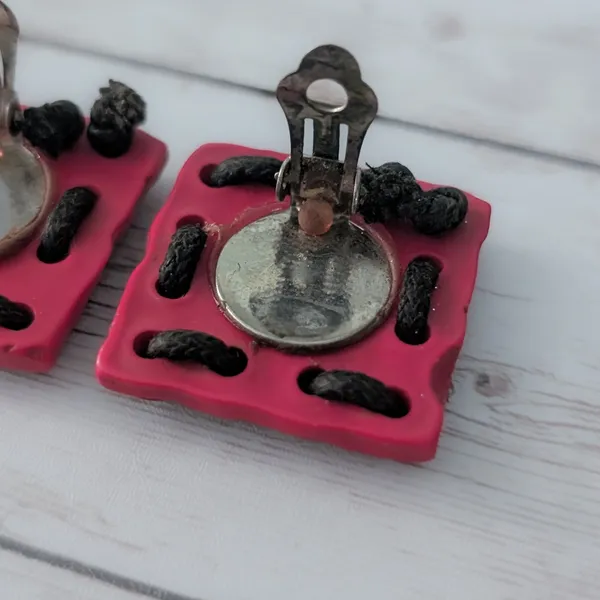 Vintage Clip On Earrings Large Statement Pink Square with Dark Brown Cord - Image 6