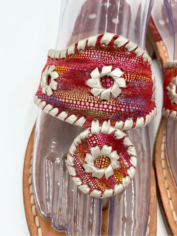 Jack Rogers Navajo Flat Metallic Red Silver Whipstitch Leather Thong Sandals 7 N - Image 5