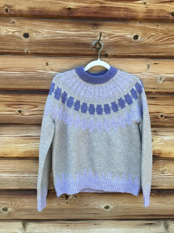 Women’s Tan Purple Size M Soft Fair Isle Pullover High Neck Knit Sweater - Image 3