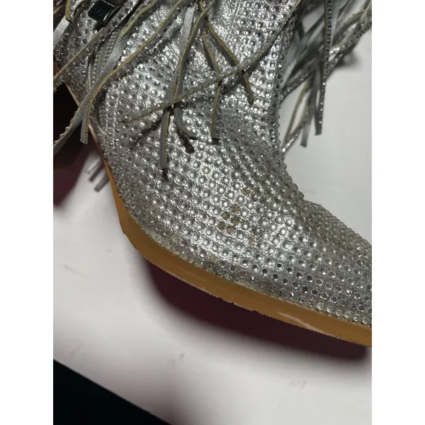 Quepiano Rhinestone Fringe Ankle Boots‎ Womens 8 Silver Western Cowgirl Sparkle - Image 4
