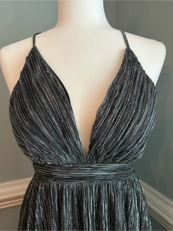 Plunging Metallic Charcoal Maxi Dress with Waistband small - Image 3