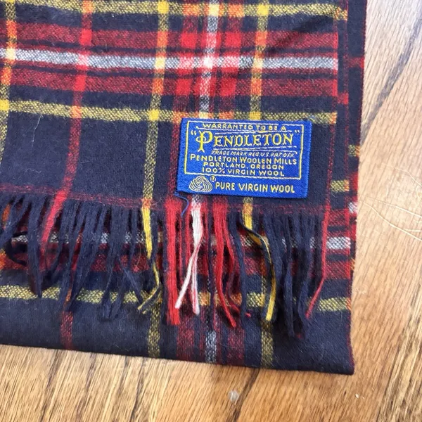 VTG Pendleton Wool‎ Scarf Plaid Tartan Fringe Red Navy Yellow 100% Virgin Wool - Image 4