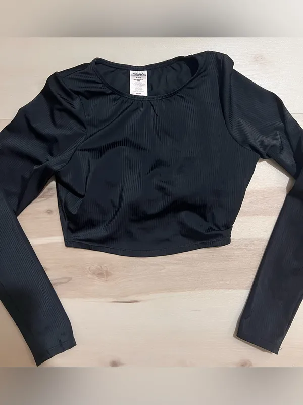 Endless Wave Medium Black Long Sleeve Ribbed Cropped Swim Top Beach Ocean Surf - Image 2