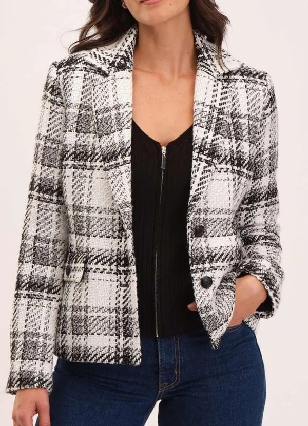 Elie Tahari Tweed Plaid Wool Blazer Size 8 - Image 4