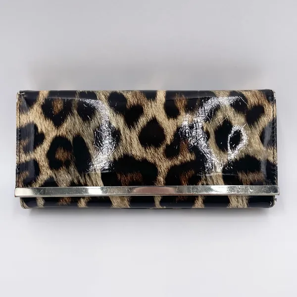 Women's Leopard Print Faux Patent Leather Organizational Foldover Wallet Clutch - Image 2