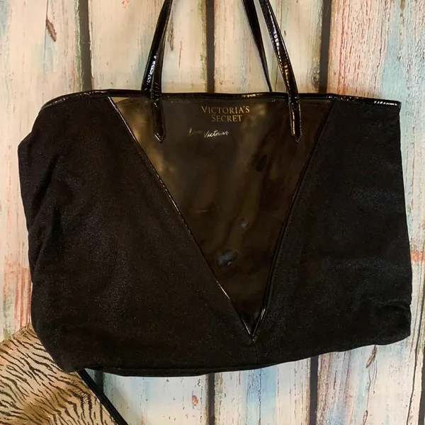 Victoria’s Secret Black Sparkly Tote Bag with Leopard Change Purse Inside - Image 3