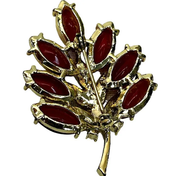 Navette Opaque Red Glass Stemmed Flower Leaf Brooch Pin - Image 2