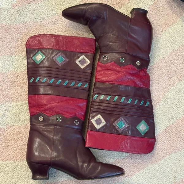 Vintage 80s Vita Mori Burgundy Geometric Western Revival Art‎ Deco Leather Boots - Image 8