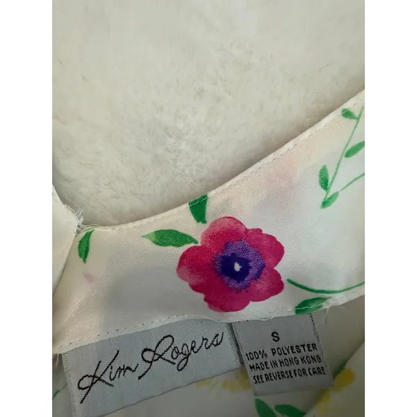 Kim Rogers Floral Satin Slip Dress Womens Small White Pink V-Neck Mini Dress - Image 5