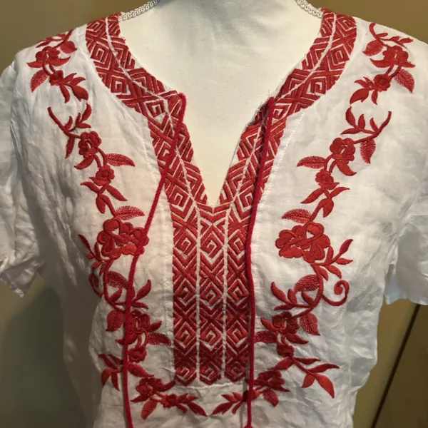 Symple NYC Women's White Red Embroidered Top Size Medium‎ Tassels Linen - Image 7