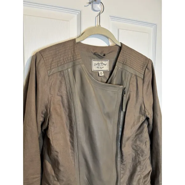 Lucky Brand Tan Lamb Leather Moto Jacket Asymmetrical Zip M Biker Quiet Luxury - Image 3