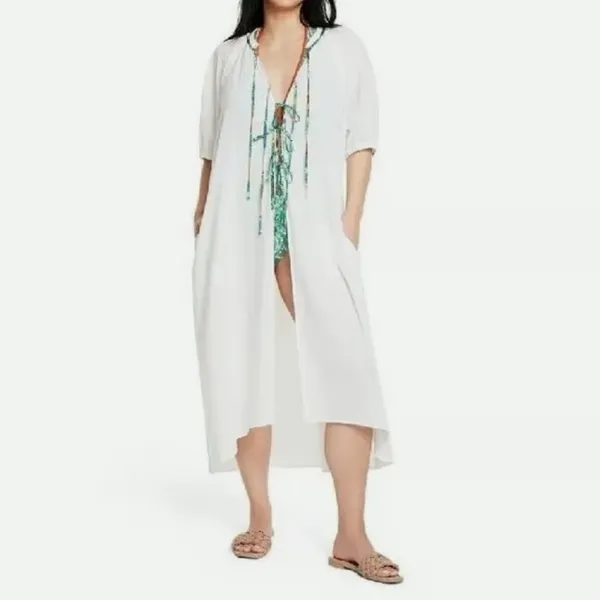 Rhode for Target NWT White Floral Tie Up Puff‎ Sleeve Cover Up Dress XS Beach - Image 3