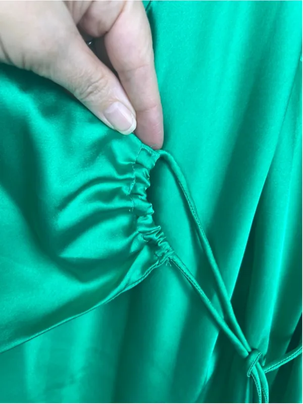 ASOS DESIGN Satin Wrap Midi Dress US 8 Green Balloon Sleeve Ruched Side Slit - Image 4