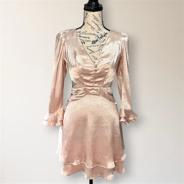 RAHI Pink Satin Cutout‎ Ruffle Mini Dress S Homecoming Wedding Guest Party - Image 2