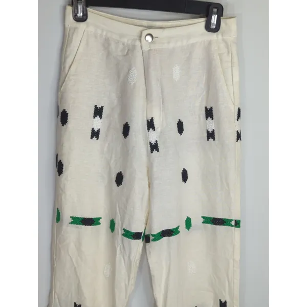 Zara White‎ & Green Geometric Embroidered Linen Pants Small Coastal Bohemian - Image 3