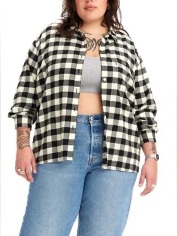 Levi's NWT Trendy Plus Size Flannel Black and White Plaid button down Shirt 4X - Image 3