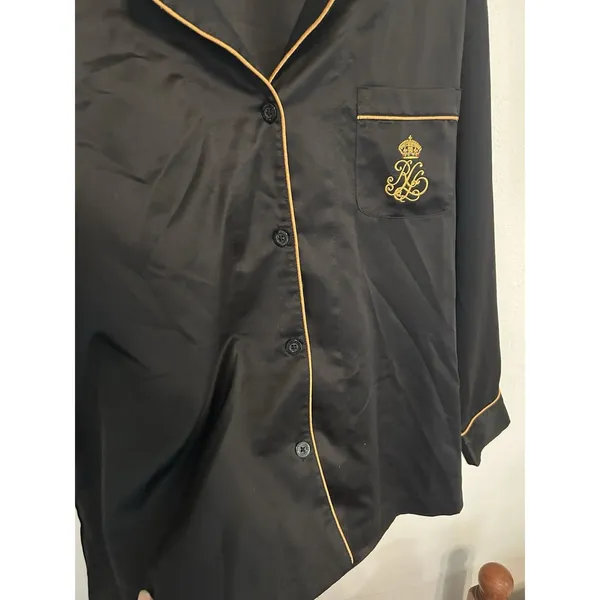 Lauren Ralph Lauren Black Satin Pajama Top Size Medium Printed Pipe Top Preppy - Image 4