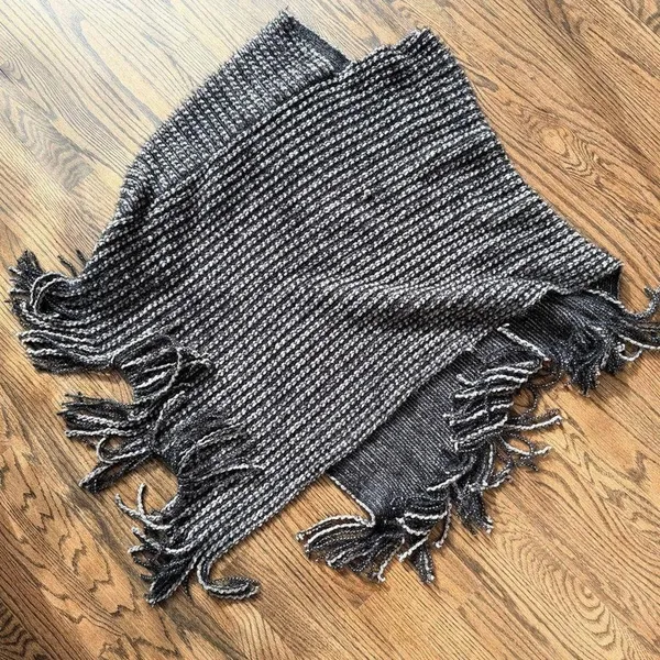 Knit poncho shawl boxy blanket pullover fringe in Black pullover work to night - Image 5