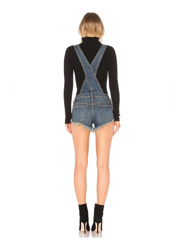 We The Free Free People Denim Shortalls Frayed Hem 100% Cotton Size 29 - Image 2
