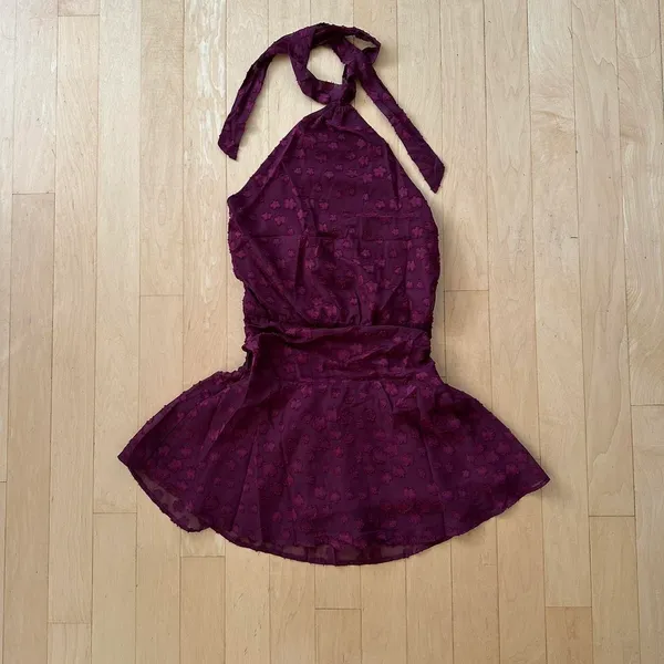 Princess Polly Eurythmic Scarf Halter Mini Dress Jacquard burgundy halter mini dress - Image 2