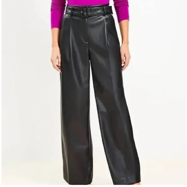 Loft Black Faux Leather High Rise Wide-Leg Belted Fleece Lined Trouser‎ Pants - Image 2
