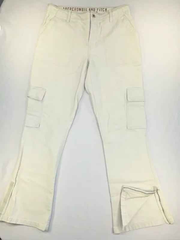 Abercrombie & Fitch Women’s Cream Cargo Pants Low Rise Flare Leg Zip Hem Sz 10 - Image 2