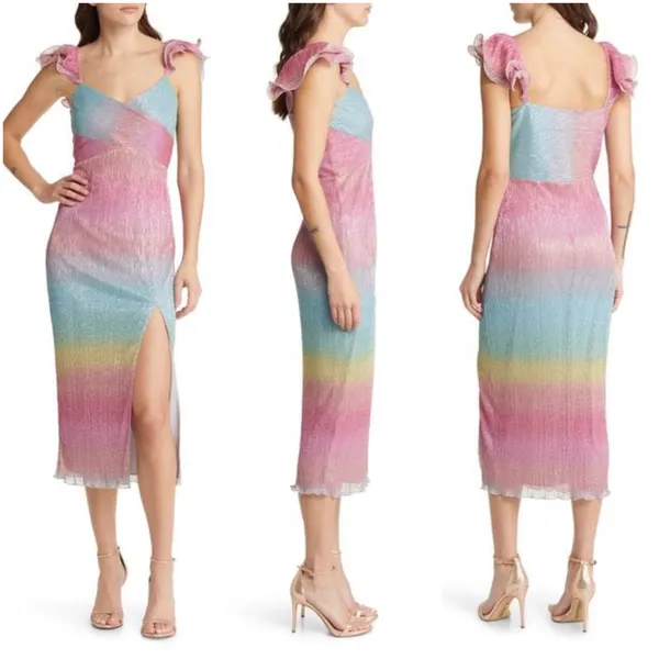 Saylor Myrah Metallic Rainbow Ombré Flutter Sleeve Midi Cocktail Dress - Image 2