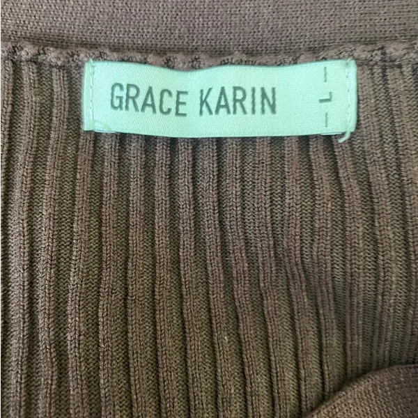 Grace Karin Women Cardigan Sweater L Brown Ribbed Fitted Preppy Academia‎ Office - Image 5